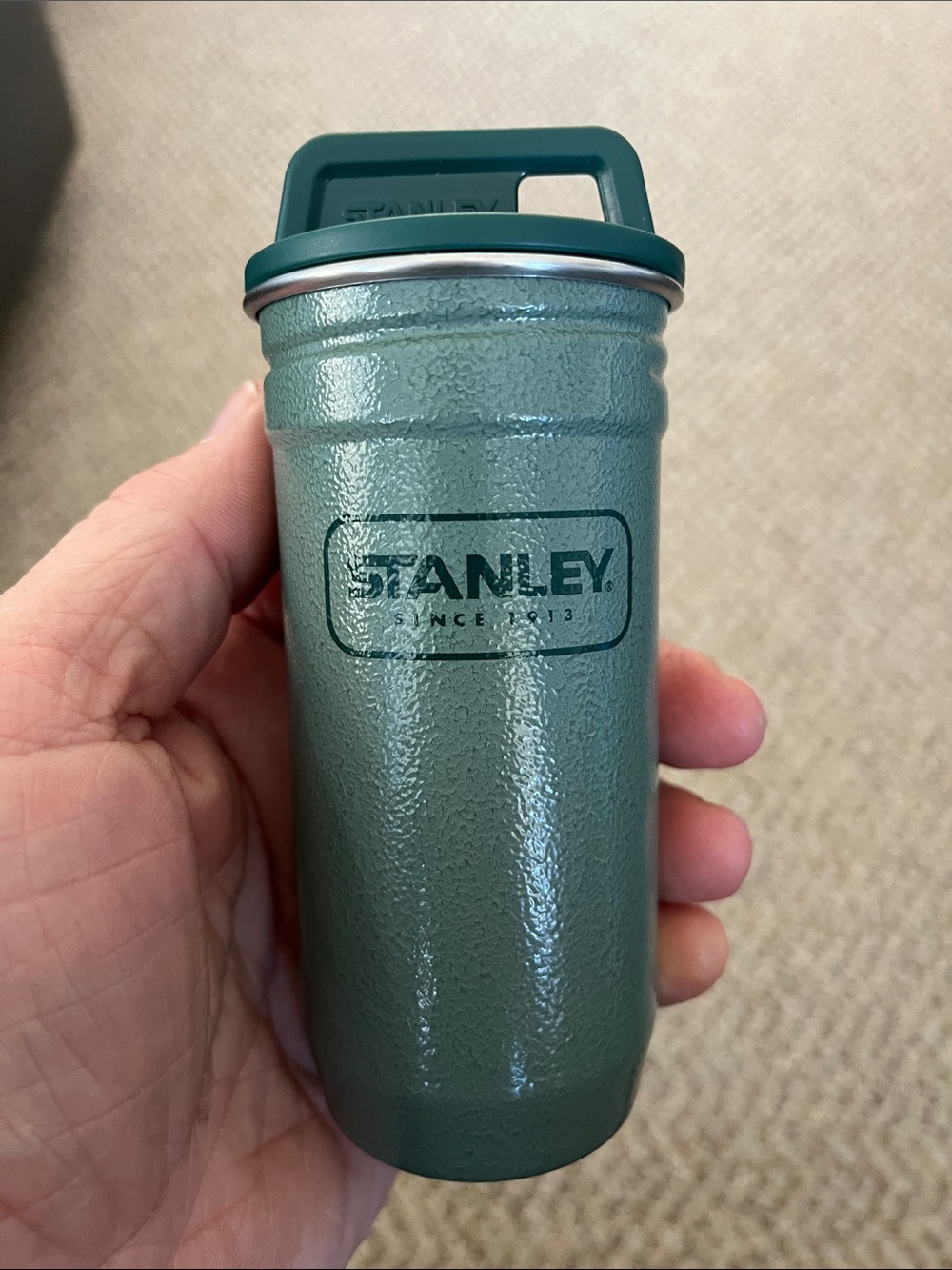 Stanley Forest Green Textured Travel Tumbler with 4 shot glasses inside